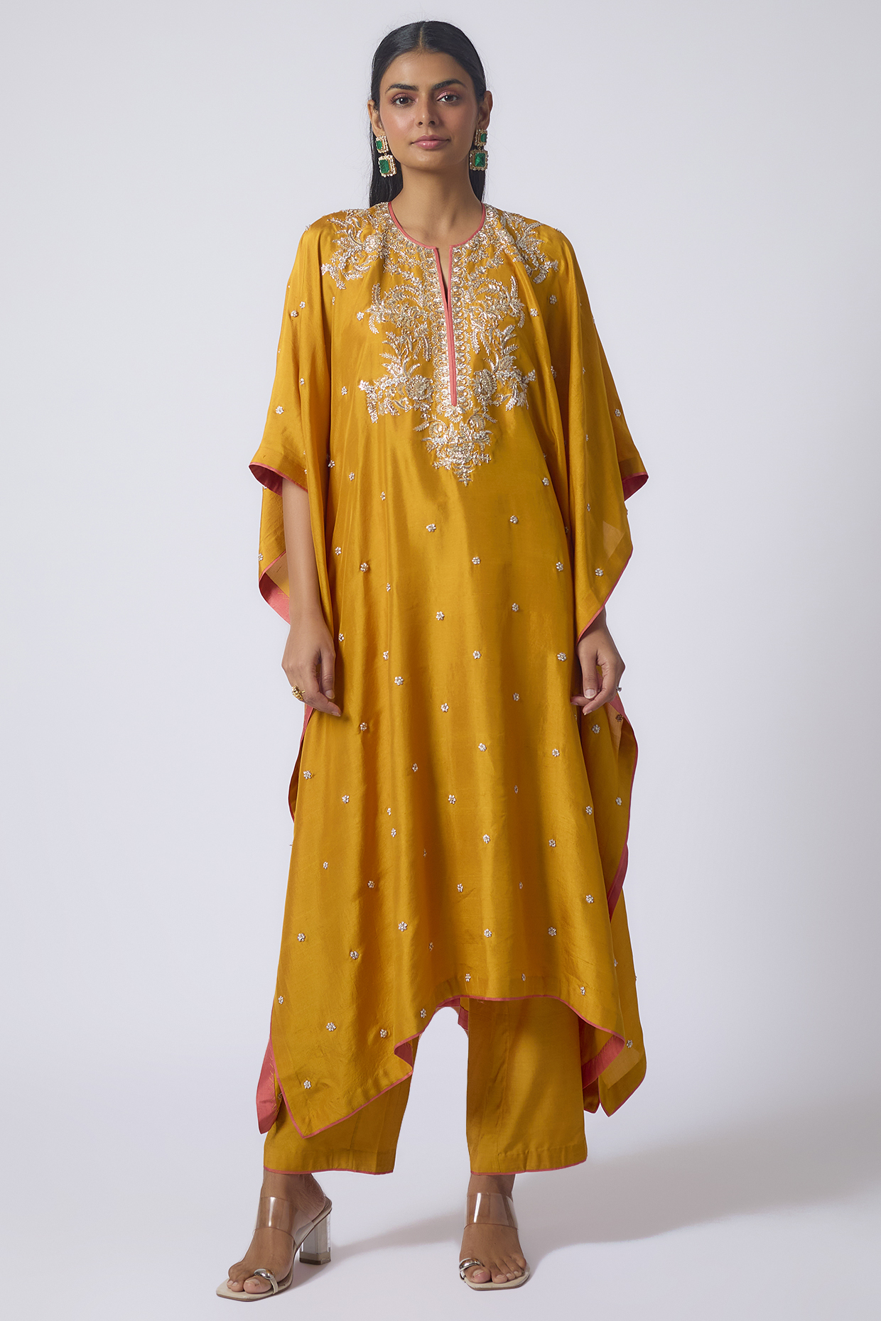 Yellow Dupion Silk Zardosi Work Kaftan Set by Anushree Reddy at Pernia's Pop Up Shop
