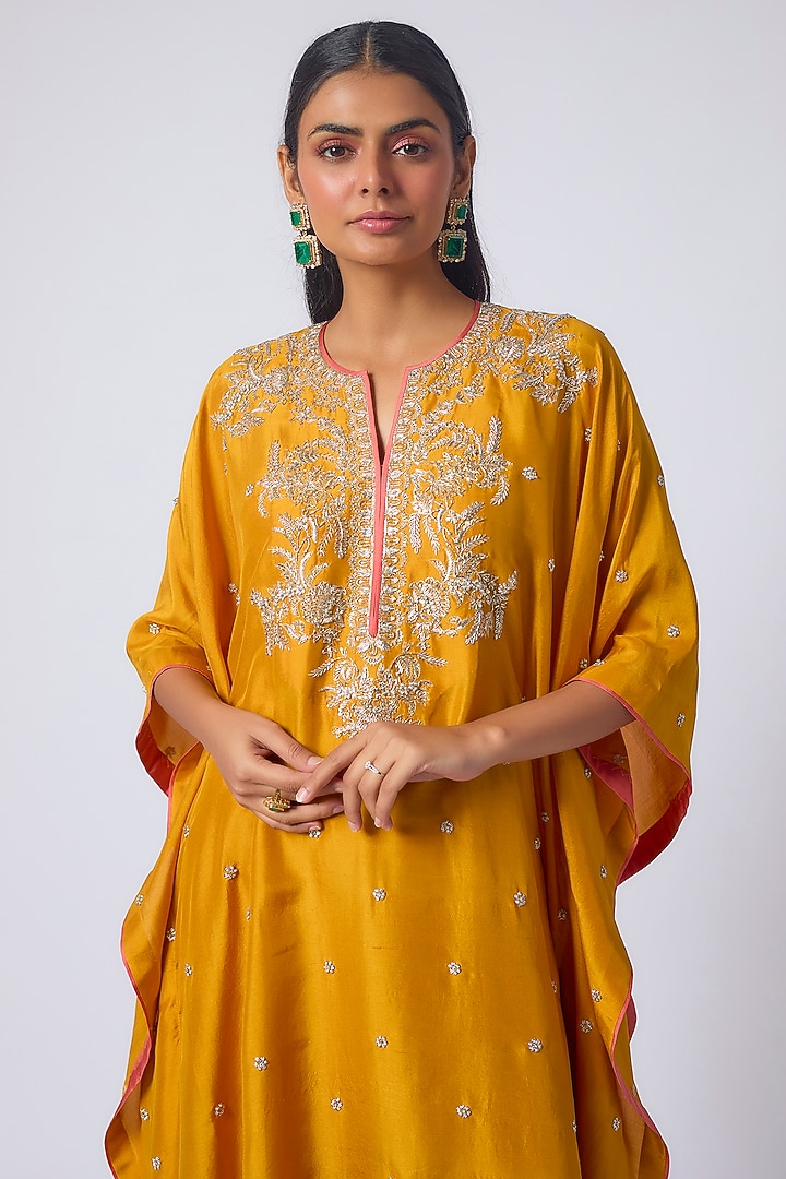Yellow Dupion Silk Zardosi Work Kaftan Set by Anushree Reddy at Pernia's Pop Up Shop