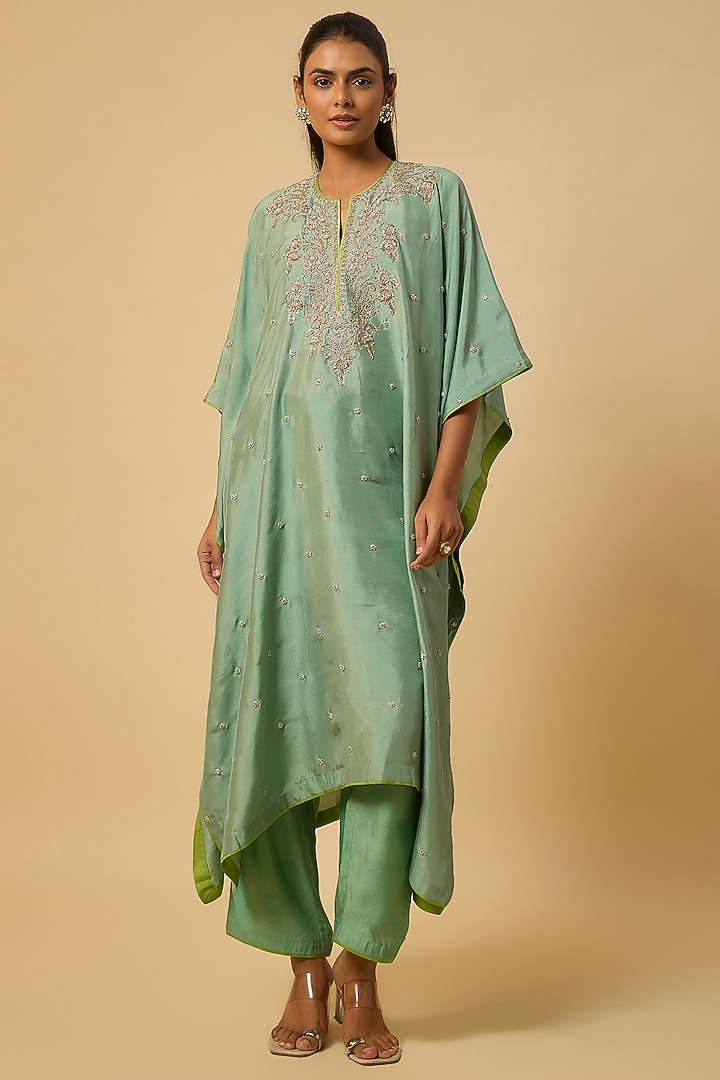 Sea Green Dupion Silk Hand Embroidered Kaftan Set by Anushree Reddy at Pernia's Pop Up Shop