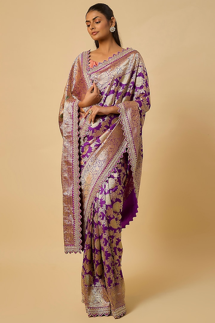 Purple Banarasi Silk Zardosi Hand Embroidered Bridal Saree Set by Anushree Reddy at Pernia's Pop Up Shop