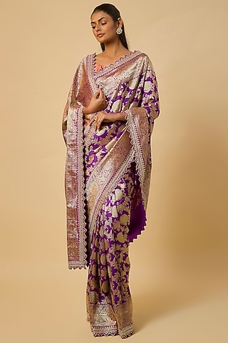 Purple Banarasi Silk Zardosi Hand Embroidered Saree Set by Anushree Reddy
