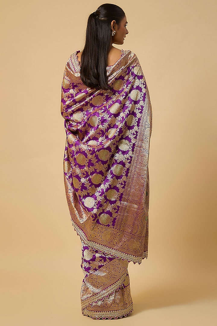 Purple Banarasi Silk Zardosi Hand Embroidered Bridal Saree Set by Anushree Reddy at Pernia's Pop Up Shop