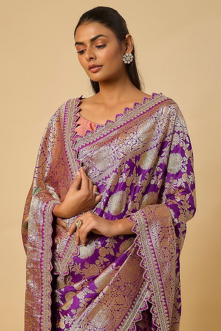 Purple Banarasi Silk Zardosi Hand Embroidered Bridal Saree Set by Anushree Reddy at Pernia's Pop Up Shop
