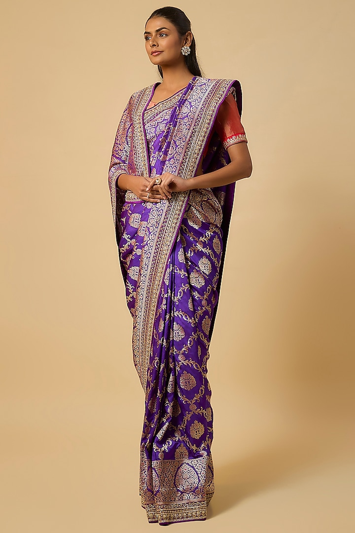 Purple Banarasi Silk Zardosi Hand Embroidered Bridal Saree Set by Anushree Reddy at Pernia's Pop Up Shop