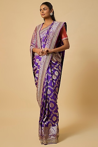 Purple Banarasi Silk Zardosi Hand Embroidered Saree Set by Anushree Reddy