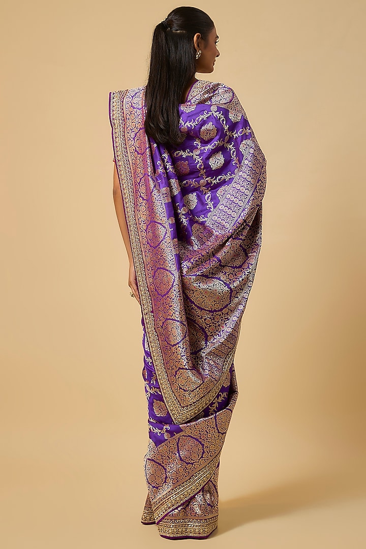 Purple Banarasi Silk Zardosi Hand Embroidered Bridal Saree Set by Anushree Reddy at Pernia's Pop Up Shop