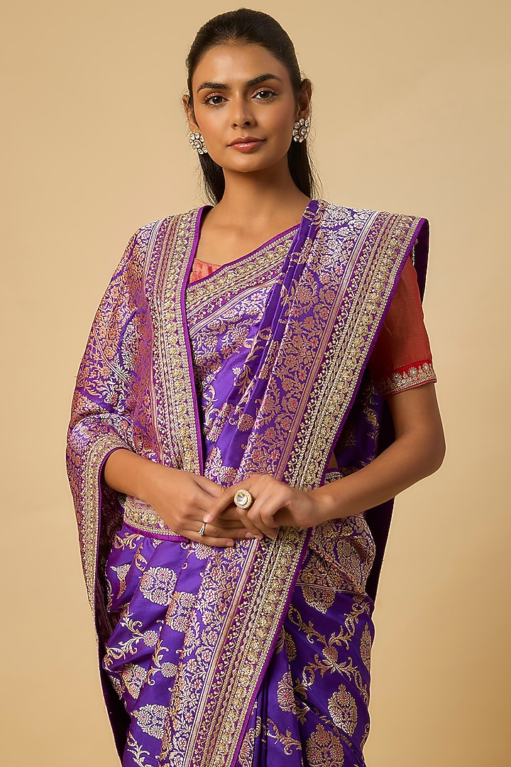 Purple Banarasi Silk Zardosi Hand Embroidered Bridal Saree Set by Anushree Reddy at Pernia's Pop Up Shop