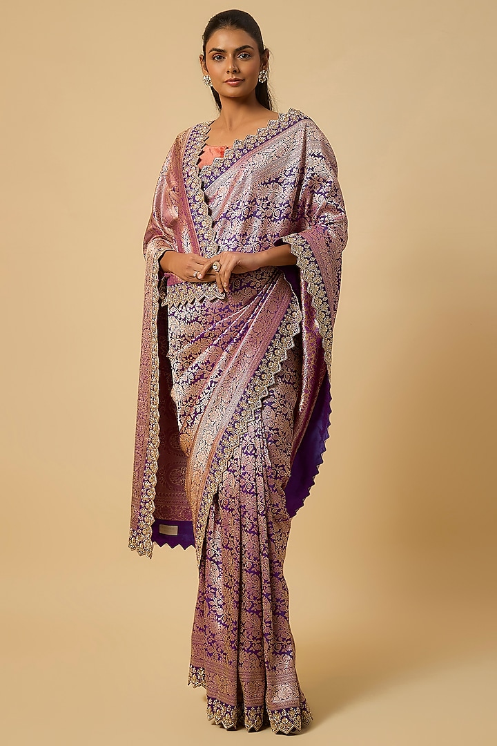 Purple Banarasi Silk Zardosi Hand Embroidered Bridal Saree Set by Anushree Reddy at Pernia's Pop Up Shop