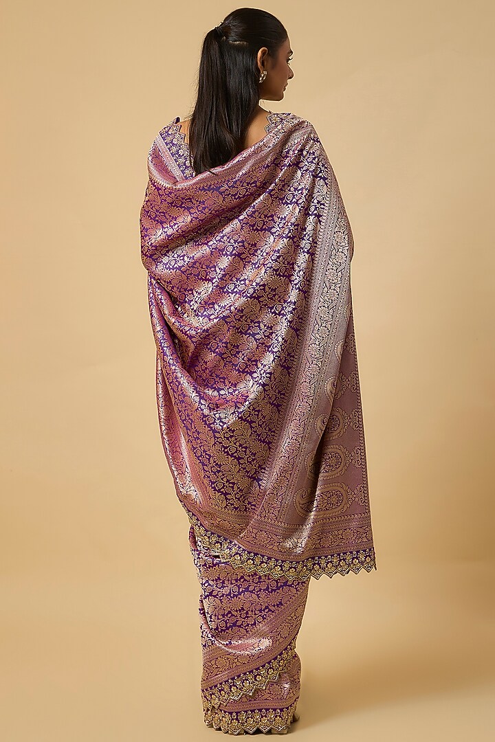 Purple Banarasi Silk Zardosi Hand Embroidered Bridal Saree Set by Anushree Reddy at Pernia's Pop Up Shop