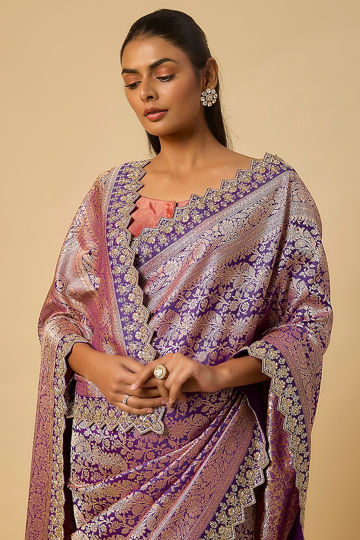 Purple Banarasi Silk Zardosi Hand Embroidered Bridal Saree Set by Anushree Reddy at Pernia's Pop Up Shop