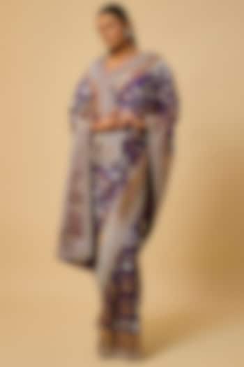 Purple Banarasi Silk Zardosi Hand Embroidered Bridal Saree Set by Anushree Reddy at Pernia's Pop Up Shop