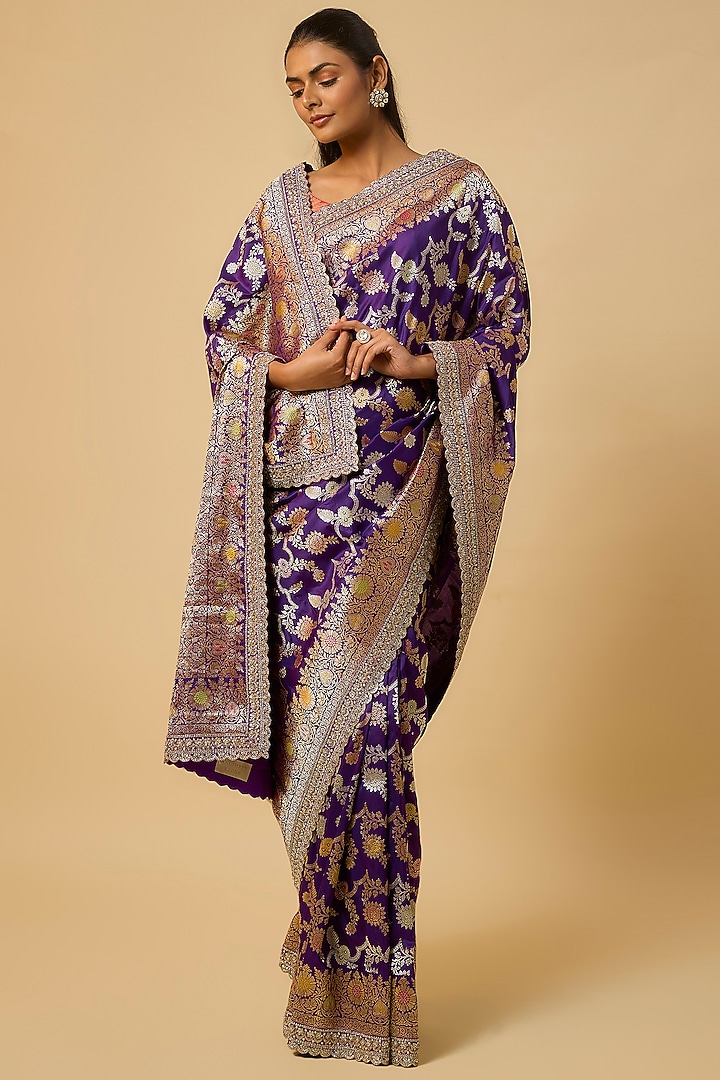 Purple Banarasi Silk Zardosi Hand Embroidered Bridal Saree Set by Anushree Reddy at Pernia's Pop Up Shop