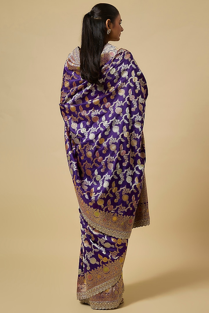 Purple Banarasi Silk Zardosi Hand Embroidered Bridal Saree Set by Anushree Reddy at Pernia's Pop Up Shop