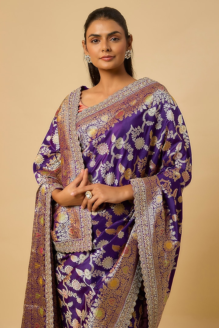 Purple Banarasi Silk Zardosi Hand Embroidered Bridal Saree Set by Anushree Reddy at Pernia's Pop Up Shop