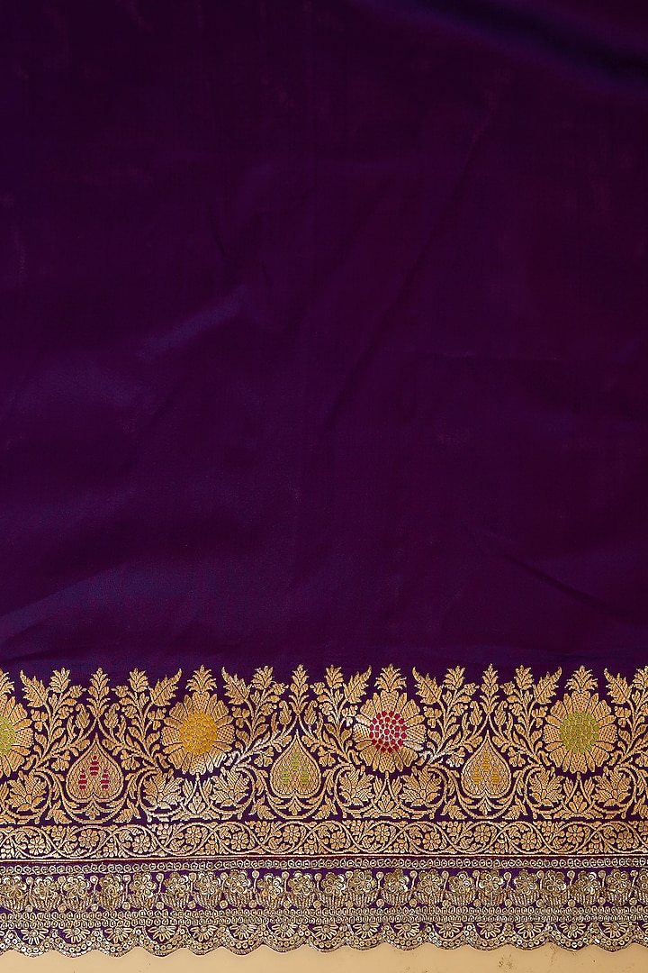 Purple Banarasi Silk Zardosi Hand Embroidered Bridal Saree Set by Anushree Reddy at Pernia's Pop Up Shop