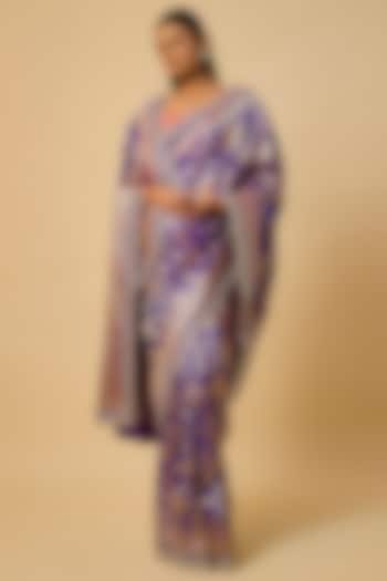 Purple Banarasi Silk Zardosi Hand Embroidered Bridal Saree Set by Anushree Reddy at Pernia's Pop Up Shop
