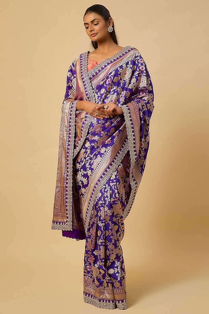 Purple Banarasi Silk Zardosi Hand Embroidered Bridal Saree Set by Anushree Reddy at Pernia's Pop Up Shop