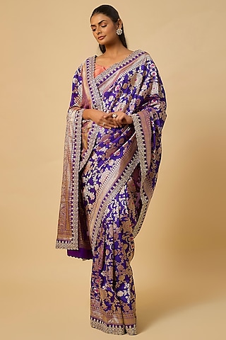Purple Banarasi Silk Zardosi Hand Embroidered Saree Set by Anushree Reddy
