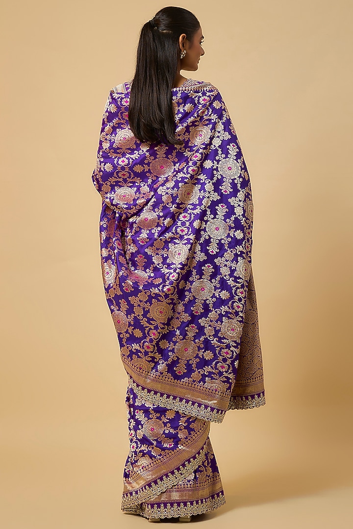 Purple Banarasi Silk Zardosi Hand Embroidered Bridal Saree Set by Anushree Reddy at Pernia's Pop Up Shop