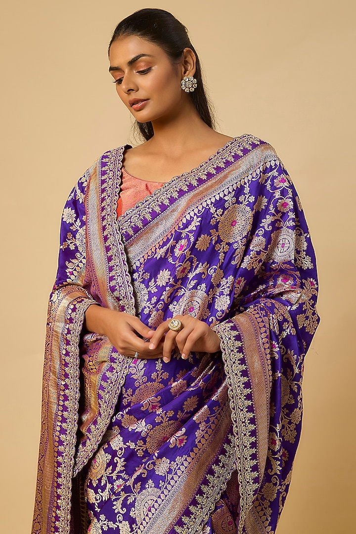 Purple Banarasi Silk Zardosi Hand Embroidered Bridal Saree Set by Anushree Reddy at Pernia's Pop Up Shop