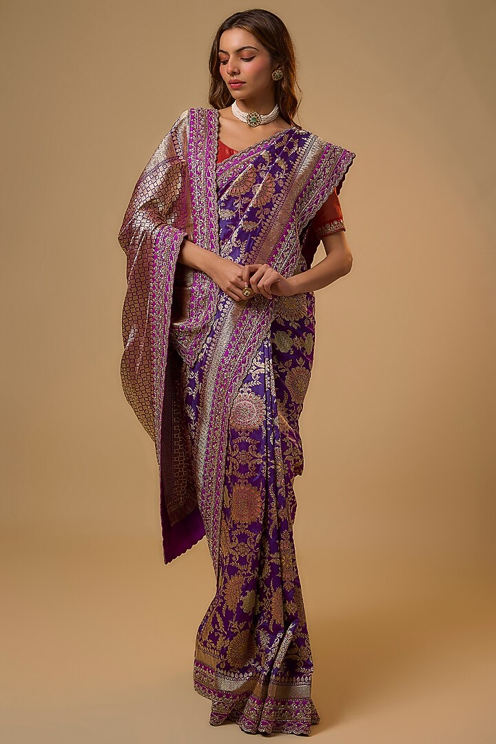 Purple Banarasi Silk Zardosi Work Bridal Saree Set by Anushree Reddy at Pernia's Pop Up Shop