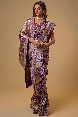 Purple Banarasi Silk Zardosi Work Saree Set by Anushree Reddy