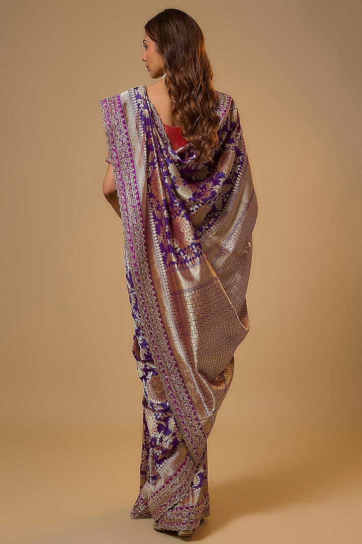 Purple Banarasi Silk Zardosi Work Bridal Saree Set by Anushree Reddy at Pernia's Pop Up Shop