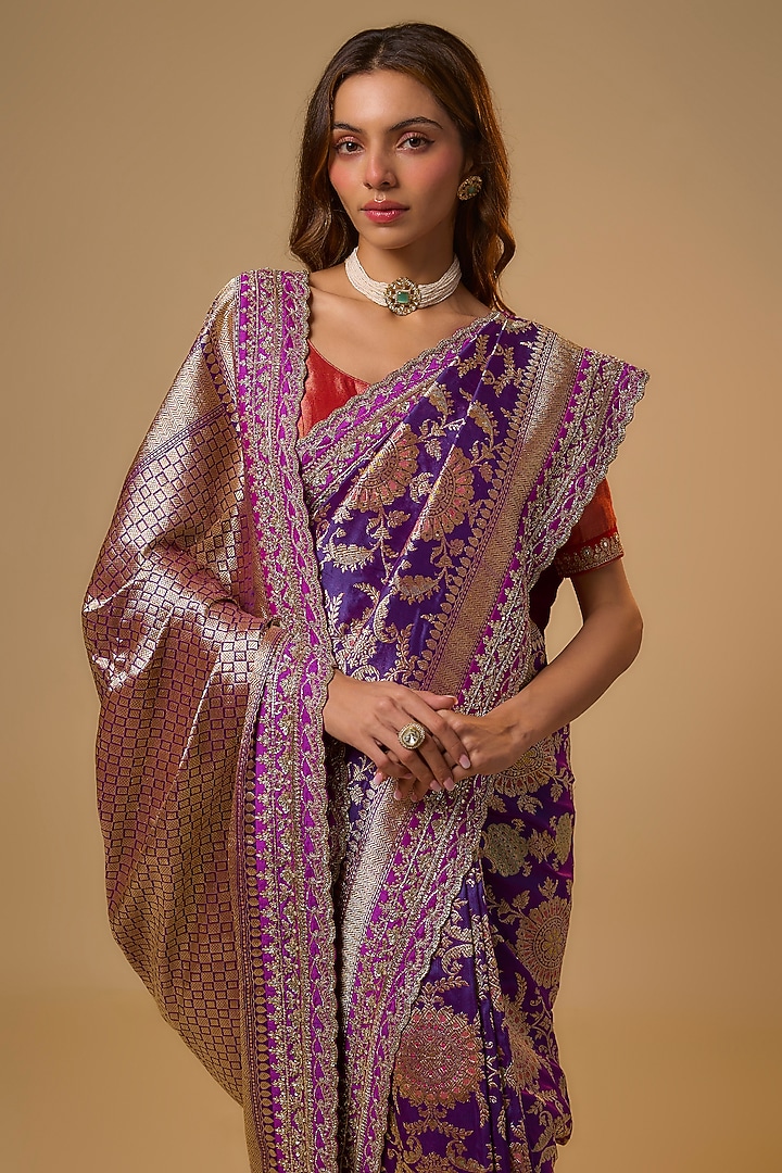 Purple Banarasi Silk Zardosi Work Bridal Saree Set by Anushree Reddy at Pernia's Pop Up Shop