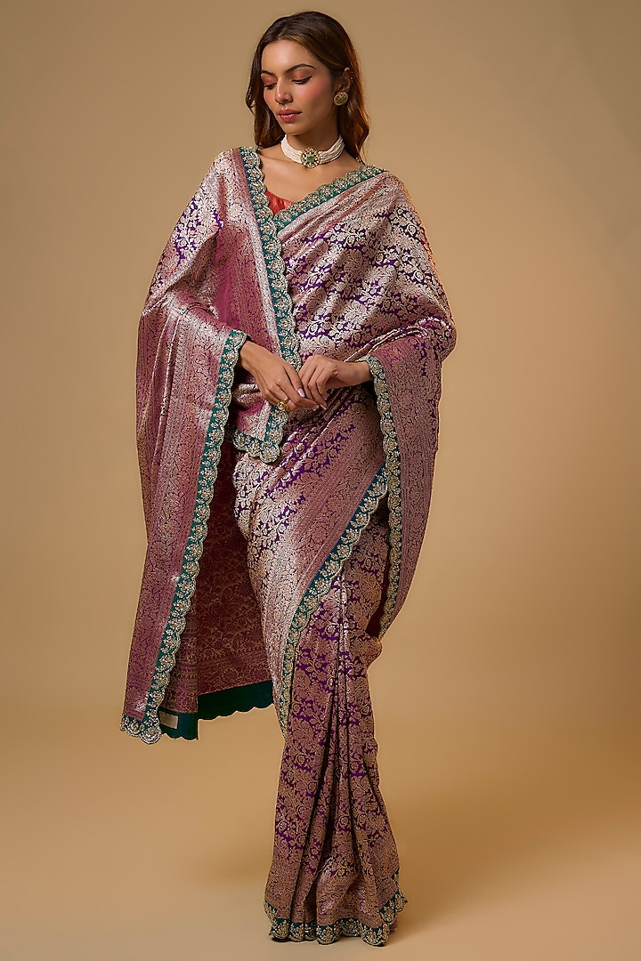 Purple Banarasi Silk Zardosi Work Bridal Saree Set by Anushree Reddy at Pernia's Pop Up Shop
