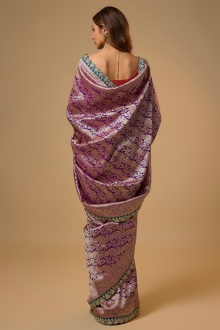 Purple Banarasi Silk Zardosi Work Bridal Saree Set by Anushree Reddy at Pernia's Pop Up Shop