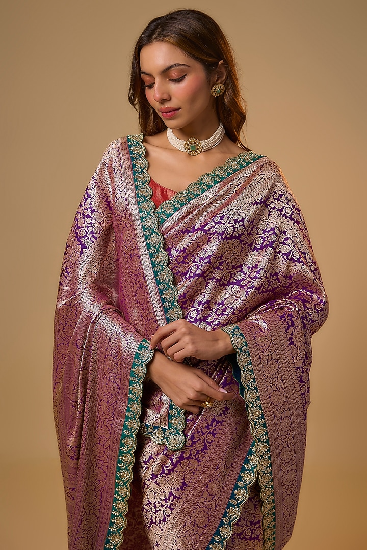 Purple Banarasi Silk Zardosi Work Bridal Saree Set by Anushree Reddy at Pernia's Pop Up Shop