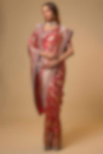 Red Banarasi Silk Zardosi Work Bridal Saree Set by Anushree Reddy at Pernia's Pop Up Shop