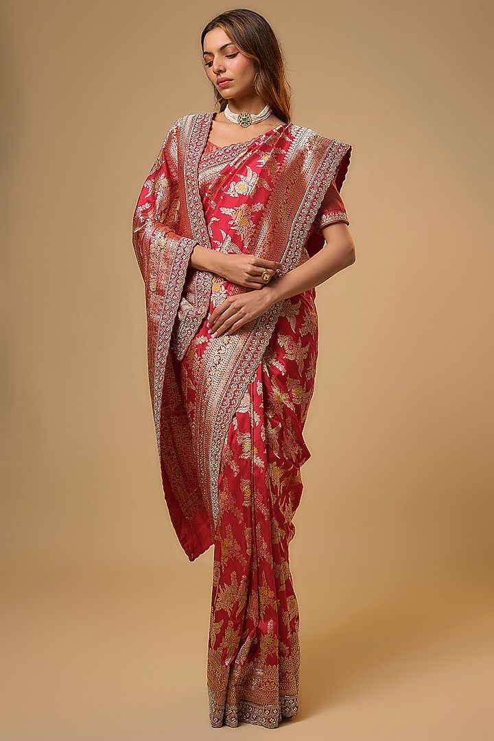 Red Banarasi Silk Zardosi Work Bridal Saree Set by Anushree Reddy at Pernia's Pop Up Shop