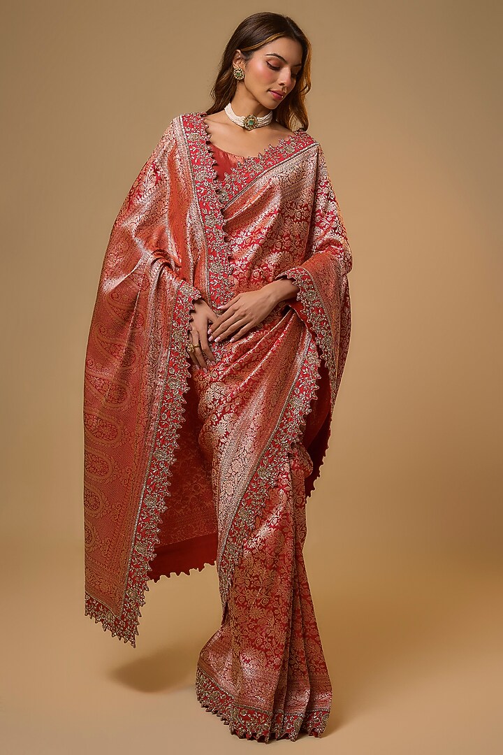 Red Banarasi Silk Zardosi Work Bridal Saree Set by Anushree Reddy at Pernia's Pop Up Shop
