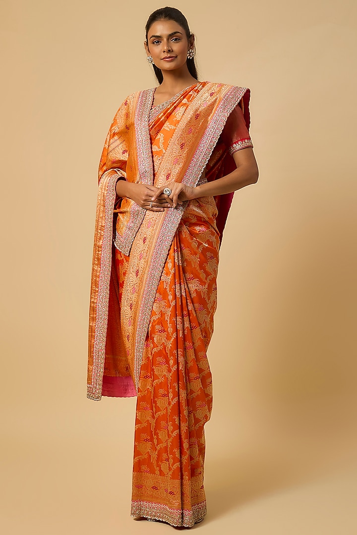 Orange Banarasi Silk Zardosi Hand Embroidered Bridal Saree Set by Anushree Reddy at Pernia's Pop Up Shop
