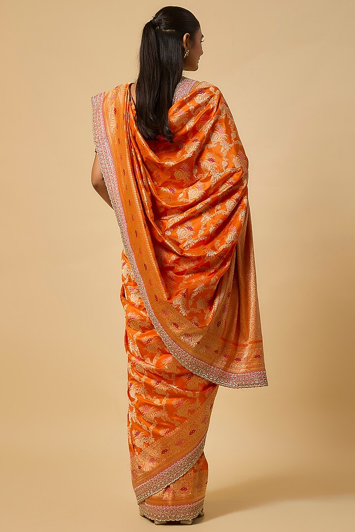 Orange Banarasi Silk Zardosi Hand Embroidered Bridal Saree Set by Anushree Reddy at Pernia's Pop Up Shop