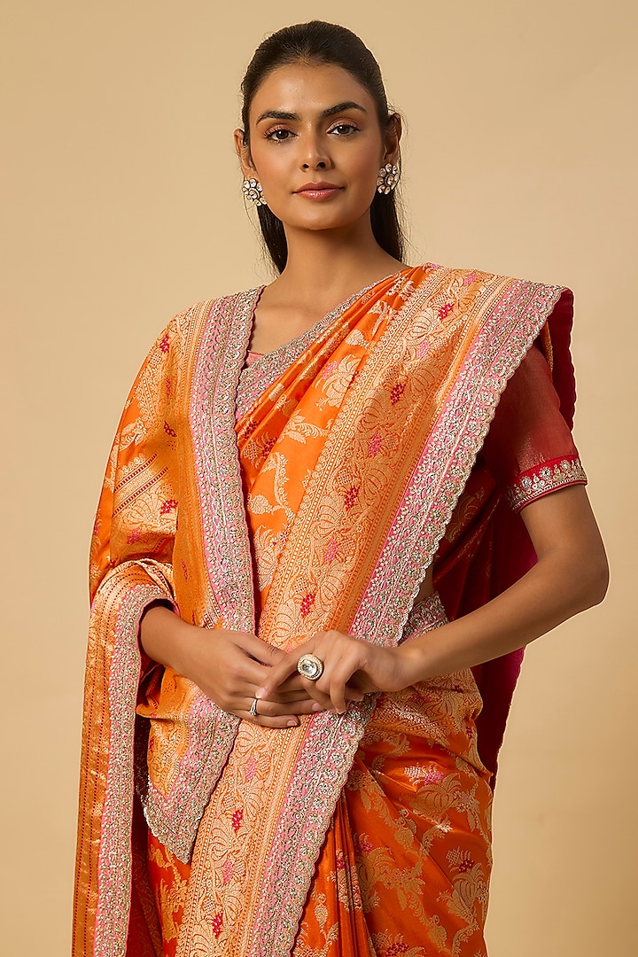 Orange Banarasi Silk Zardosi Hand Embroidered Bridal Saree Set by Anushree Reddy at Pernia's Pop Up Shop