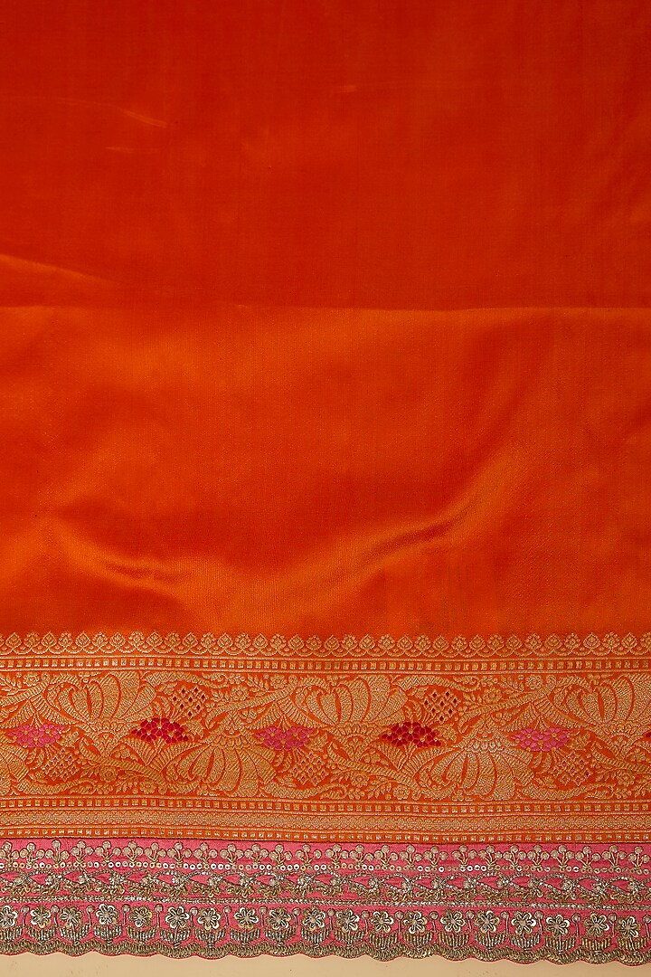 Orange Banarasi Silk Zardosi Hand Embroidered Bridal Saree Set by Anushree Reddy at Pernia's Pop Up Shop