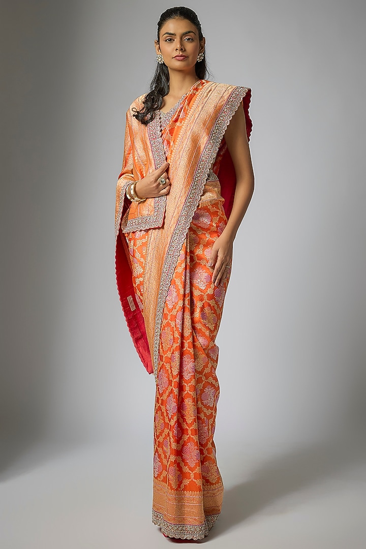 Orange Banarasi Silk Hand Embroidered Bridal Saree Set by Anushree Reddy at Pernia's Pop Up Shop