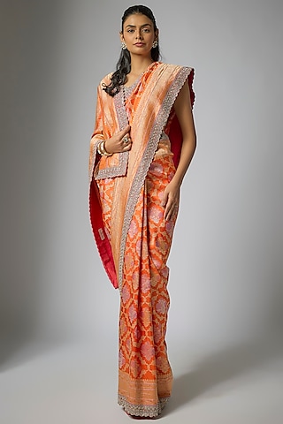 Orange Banarasi Silk Hand Embroidered Saree Set by Anushree Reddy