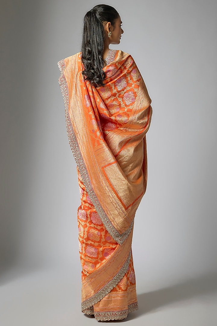 Orange Banarasi Silk Hand Embroidered Bridal Saree Set by Anushree Reddy at Pernia's Pop Up Shop