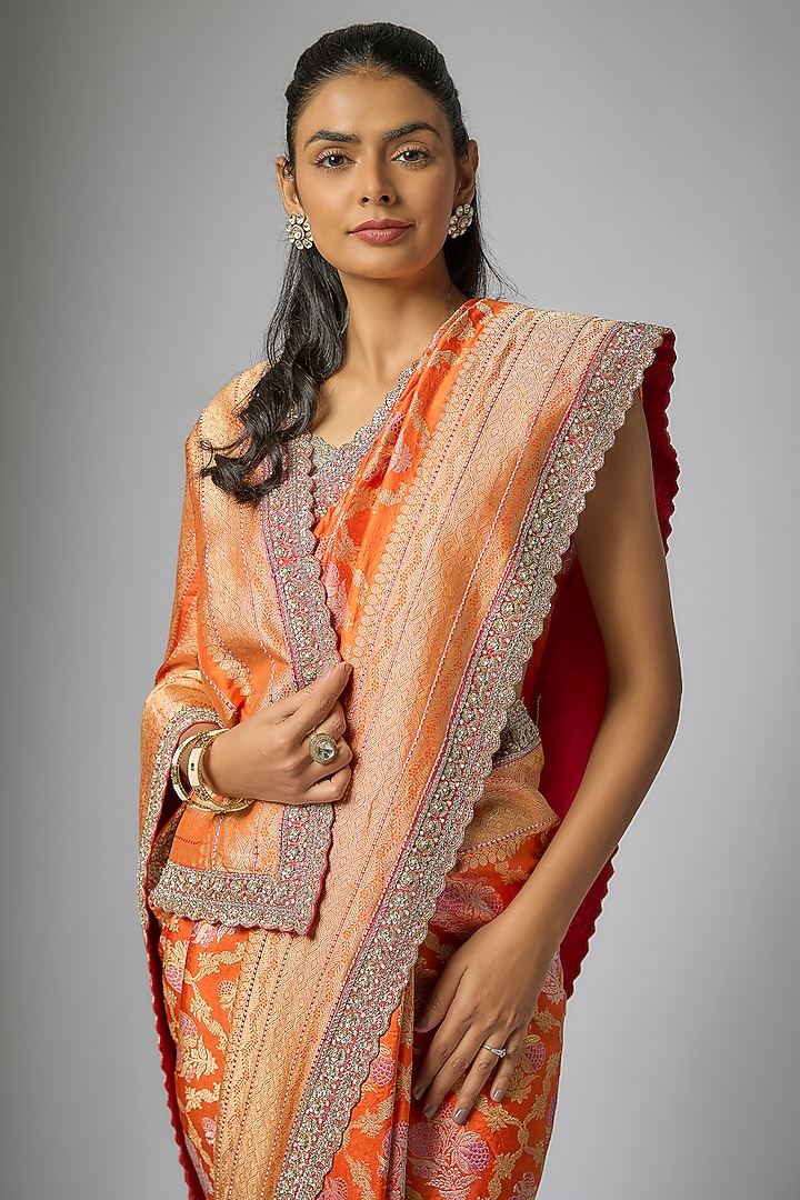 Orange Banarasi Silk Hand Embroidered Bridal Saree Set by Anushree Reddy at Pernia's Pop Up Shop
