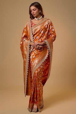 Orange Banarasi Silk Zardosi Work Saree Set by Anushree Reddy