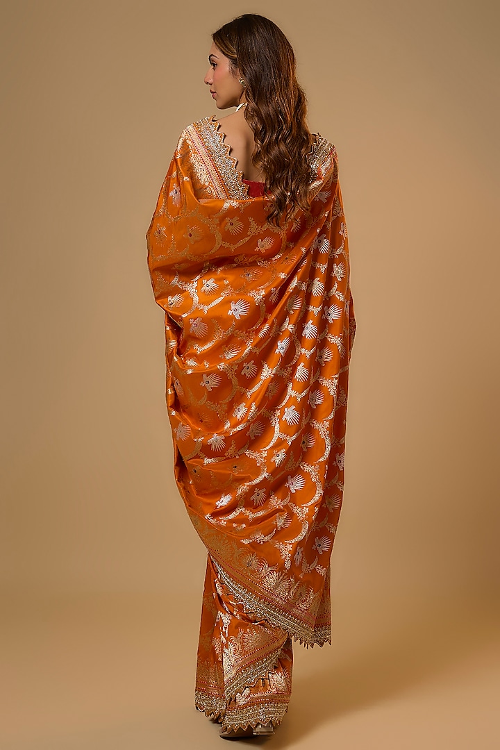 Orange Banarasi Silk Zardosi Work Bridal Saree Set by Anushree Reddy at Pernia's Pop Up Shop