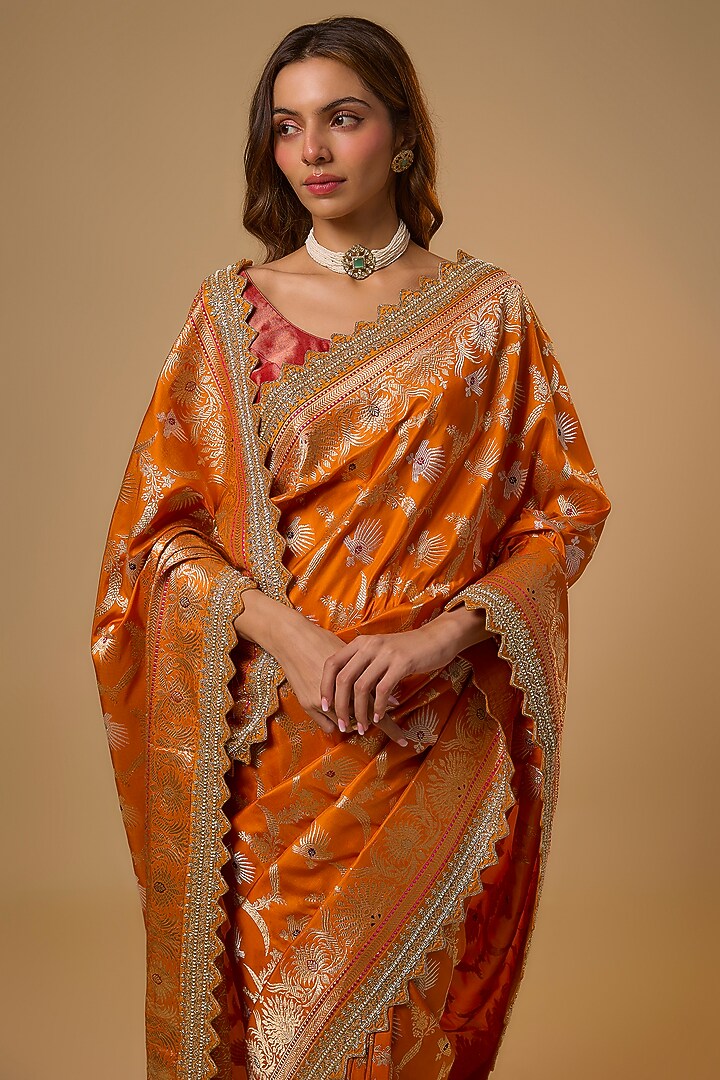 Orange Banarasi Silk Zardosi Work Bridal Saree Set by Anushree Reddy at Pernia's Pop Up Shop