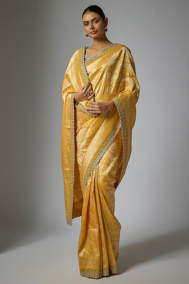 Yellow Banarasi Silk Zardosi Hand Embroidered Bridal Saree Set by Anushree Reddy at Pernia's Pop Up Shop