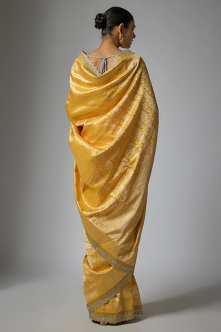 Yellow Banarasi Silk Zardosi Hand Embroidered Bridal Saree Set by Anushree Reddy at Pernia's Pop Up Shop