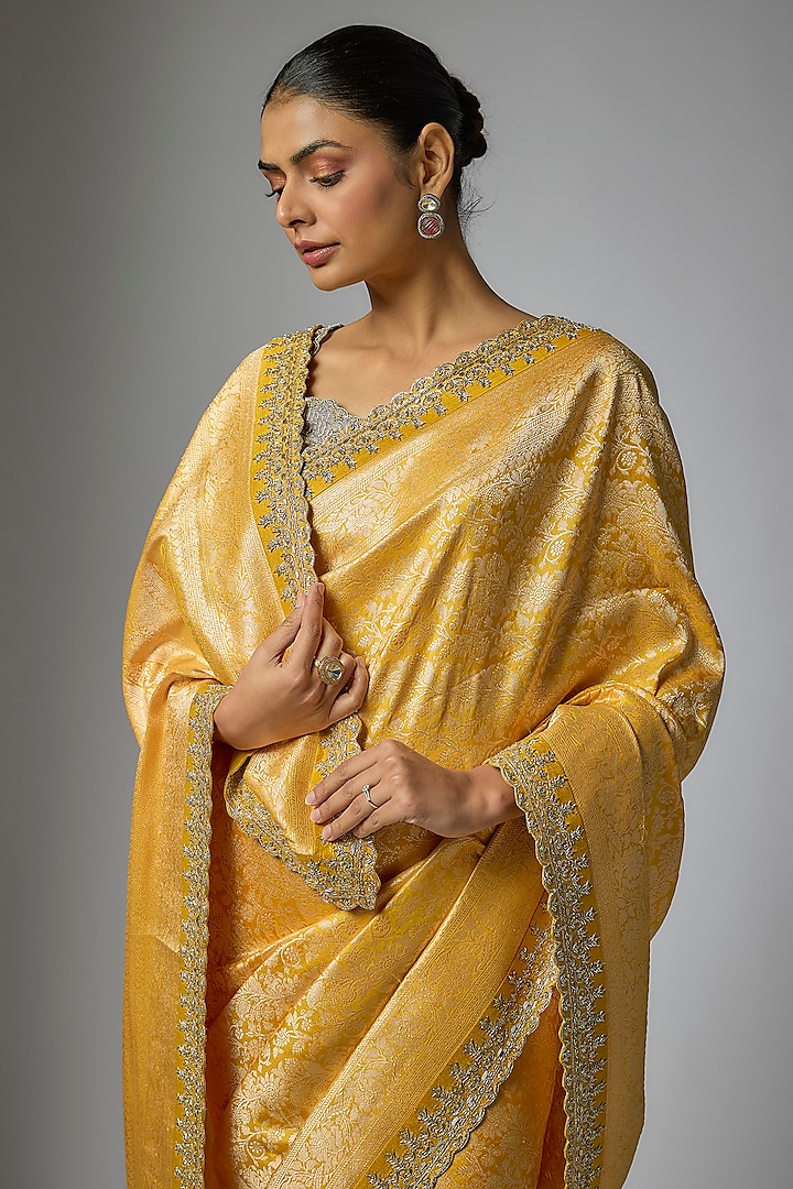 Yellow Banarasi Silk Zardosi Hand Embroidered Bridal Saree Set by Anushree Reddy at Pernia's Pop Up Shop