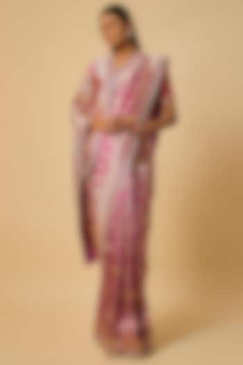 Pink Banarasi Silk Zardosi Hand Embroidered Bridal Saree Set by Anushree Reddy at Pernia's Pop Up Shop