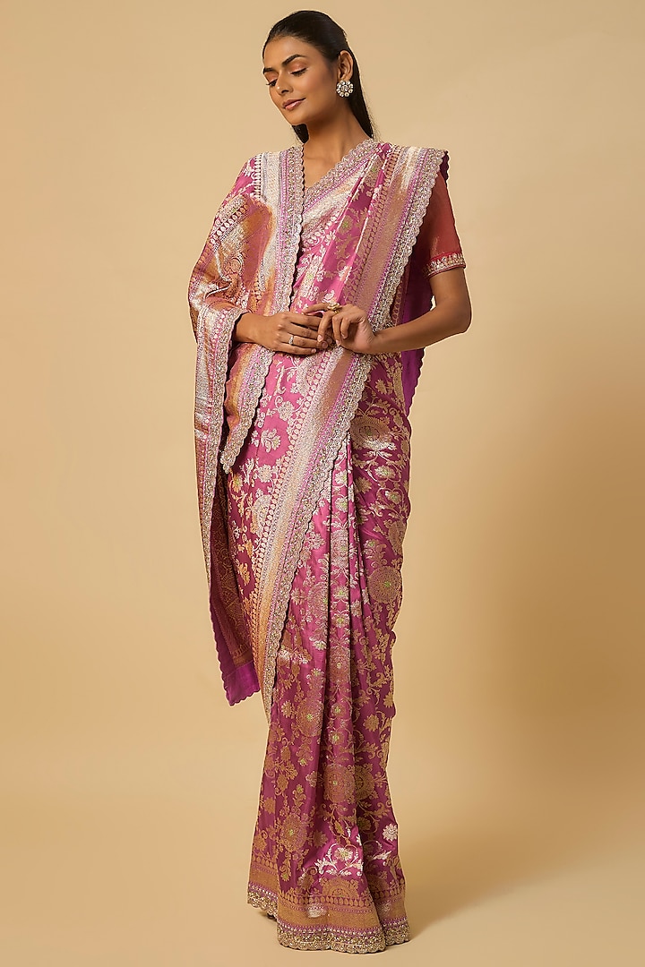 Pink Banarasi Silk Zardosi Hand Embroidered Bridal Saree Set by Anushree Reddy at Pernia's Pop Up Shop